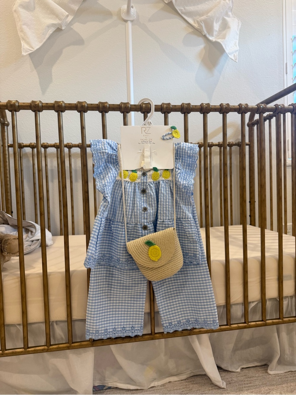Rachel Zoe Blue Gingham Girls Lemon Accent Outfit with Straw Crossbody